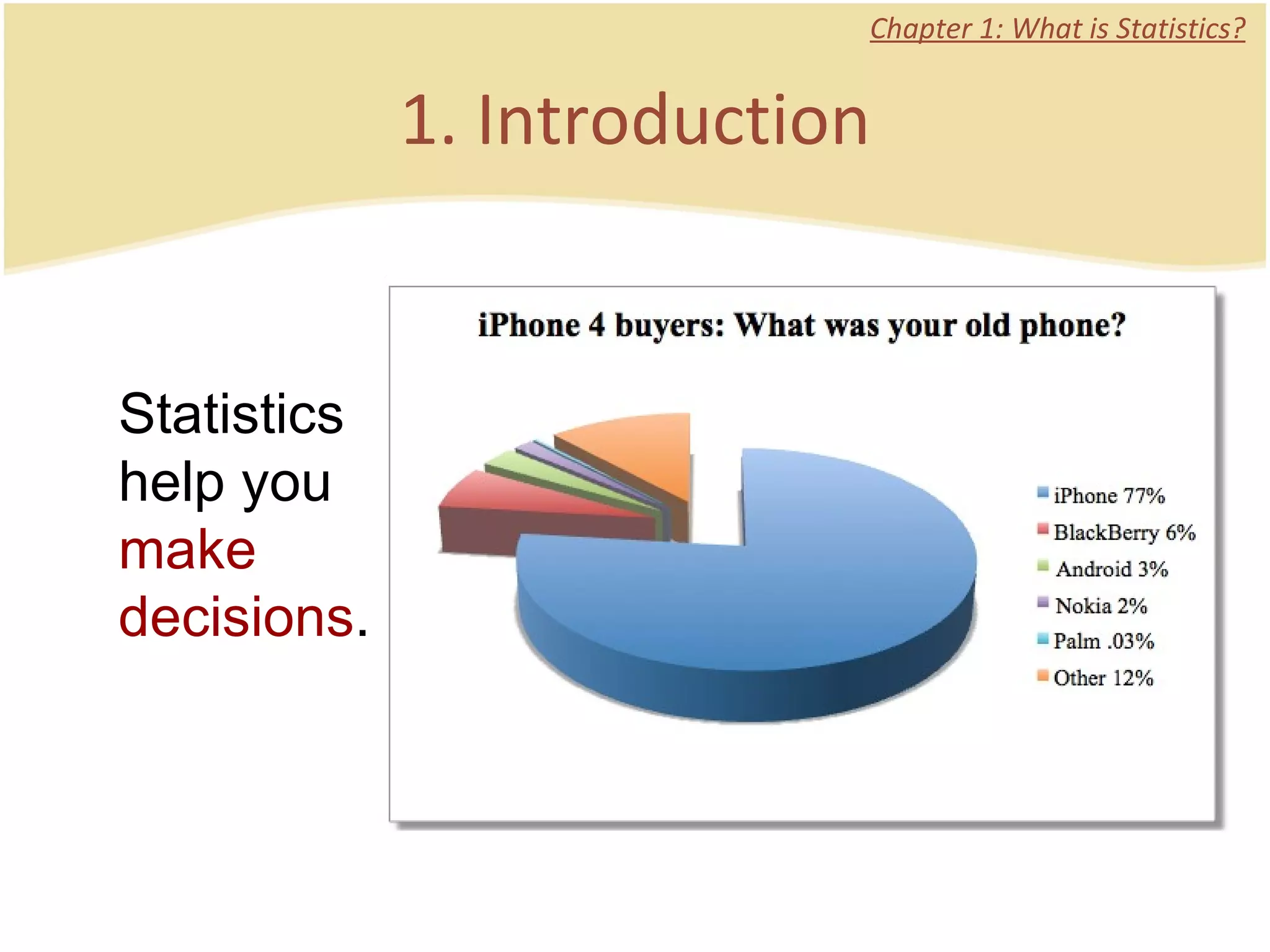 1. Introduction Chapter 1: What is Statistics? Statistics help you  make decisions . 