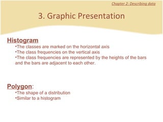 Chapter 2: Describing data 3. Graphic Presentation Histogram The classes are marked on the horizontal axis The class frequencies on the vertical axis The class frequencies are represented by the heights of the bars and the bars are adjacent to each other.  Polygon :  The shape of a distribution Similar to a histogram 