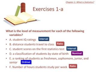 What is the level of measurement for each of the following variables? A. student IQ ratings  B. distance students travel to class C. student scores on the first statistics test D. a classification of students by state of birth E. a ranking of students as freshmen, sophomore, junior, and senior F. Number of hours students study per week  Exercises 1-a Interval Ratio Interval Nominal Ordinal Ratio Chapter 1: What is Statistics? 