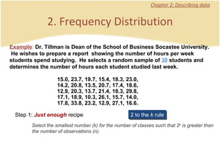 Chapter 2: Describing data Example :  Dr. Tillman is Dean of the School of Business Socastee University.  He wishes to prepare a report  showing the number of hours per week students spend studying.  He selects a random sample of  30  students and determines the number of hours each student studied last week.   2. Frequency Distribution Step 1:  Just enough  recipe 2 to the  k  rule 15.0, 23.7, 19.7, 15.4, 18.3, 23.0, 14.2, 20.8, 13.5, 20.7, 17.4, 18.6, 12.9, 20.3, 13.7, 21.4, 18.3, 29.8, 17.1, 18.9, 10.3, 26.1, 15.7, 14.0, 17.8, 33.8, 23.2, 12.9, 27.1, 16.6. Select the smallest number (k) for the number of classes such that 2 k  is greater than the number of observations (n). 