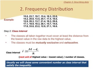 Chapter 2: Describing data Example : 2. Frequency Distribution 15.0, 23.7, 19.7, 15.4, 18.3, 23.0, 14.2, 20.8, 13.5, 20.7, 17.4, 18.6, 12.9, 20.3, 13.7, 21.4, 18.3, 29.8, 17.1, 18.9, 10.3, 26.1, 15.7, 14.0, 17.8, 33.8, 23.2, 12.9, 27.1, 16.6. The classes all taken together must cover at least the distance from the lowest value in the raw data to the highest value. The classes must be  mutually exclusive  and  exhaustive . Class interval ( next unit of  Highest value – lowest value) / number of classes. Usually we will chose some convenient number as class interval that satisfy the inequality. Step 2:  Class Interval 
