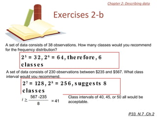 Exercises 2-b A set of data consists of 38 observations. How many classes would you recommend for the frequency distribution? P33. N.7 .Ch.2 2 5  = 32, 2 6  = 64, therefore, 6 classes Chapter 2: Describing data A set of data consists of 230 observations between $235 and $567. What class interval would you recommend.  2 7  = 128, 2 8  = 256, suggests 8 classes Class intervals of 40, 45, or 50 all would be acceptable.  