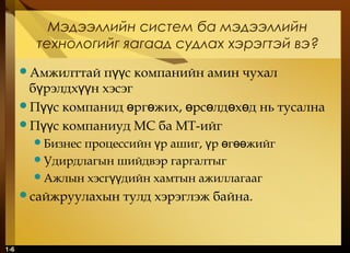1-6
Мэдээллийн систем ба мэдээллийн
технологийг яагаад судлах хэрэгтэй вэ?
Амжилттай п с компанийн амин чухалүү
б рэлдх н хэсэгү үү
П с компанид рг жих, рс лд х д нь тусалнаүү ө ө ө ө ө ө
П с компаниуд МС ба МТ-ийгүү
Бизнес процессийн р ашиг, р г жийгү ү ө өө
Удирдлагын шийдвэр гаргалтыг
Ажлын хэсг дийн хамтын ажиллагаагүү
сайжруулахын тулд хэрэглэж байна.
 