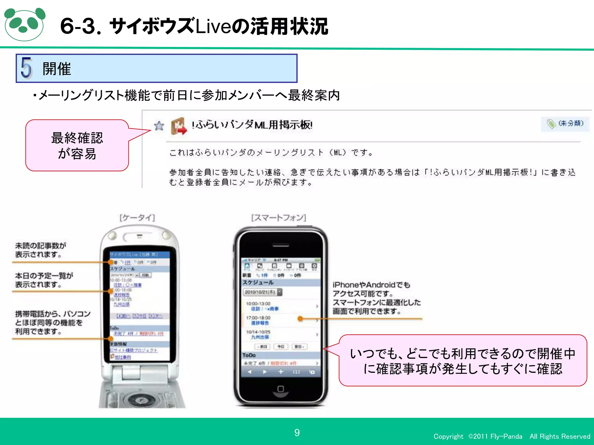 ６-３．サイボウズLiveの活用状況

開催
・メーリングリスト機能で前日に参加メンバーへ最終案内


 最終確認
  が容易




                             いつでも、どこでも利用できるので開催中
                              に確認事項が発生してもすぐに確認



                      9             Copyright ©2011 Fly-Panda All Rights Reserved
 