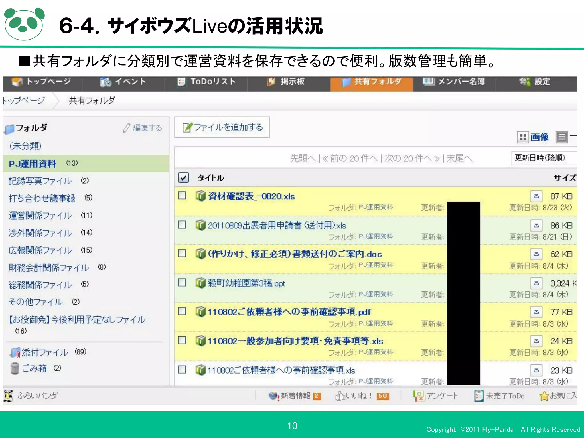 ６-４．サイボウズLiveの活用状況
■共有フォルダに分類別で運営資料を保存できるので便利。版数管理も簡単。




                   10        Copyright ©2011 Fly-Panda All Rights Reserved
 