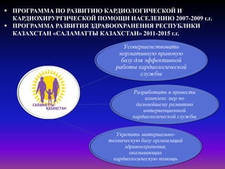 Усовершенствовать
нормативную правовую
базу для эффективной
работы кардиологической
службы
Разработать и провести
комплекс мер по
дальнейшему развитию
интервенционной
кардиологической службы
Укрепить материально-
техническую базу организаций
здравоохранения,
оказывающих
кардиологическую помощь
 ПРОГРАММА ПО РАЗВИТИЮ КАРДИОЛОГИЧЕСКОЙ И
КАРДИОХИРУРГИЧЕСКОЙ ПОМОЩИ НАСЕЛЕНИЮ 2007-2009 г.г.
 ПРОГРАММА РАЗВИТИЯ ЗДРАВООХРАНЕНИЯ РЕСПУБЛИКИ
КАЗАХСТАН «САЛАМАТТЫ КАЗАХСТАН» 2011-2015 г.г.
 