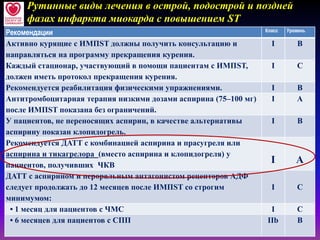 Рекомендации Класс Уровень
Активно курящие с ИМПST должны получить консультацию и
направляться на программу прекращения курения.
I B
Каждый стационар, участвующий в помощи пациентам с ИМПST,
должен иметь протокол прекращения курения.
I C
Рекомендуется реабилитация физическими упражнениями. I B
Антитромбоцитарная терапия низкими дозами аспирина (75–100 мг)
после ИМПST показана без ограничений.
I A
У пациентов, не переносящих аспирин, в качестве альтернативы
аспирину показан клопидогрель.
I B
Рекомендуется ДАТТ с комбинацией аспирина и прасугреля или
аспирина и тикагрелора (вместо аспирина и клопидогреля) у
пациентов, получивших ЧКВ
I A
ДАТТ с аспирином и пероральным антагонистом рецепторов АДФ
следует продолжать до 12 месяцев после ИМПST со строгим
минимумом:
I C
• 1 месяц для пациентов с ЧМС I C
• 6 месяцев для пациентов с СПП IIb B
Рутинные виды лечения в острой, подострой и поздней
фазах инфаркта миокарда с повышением ST
 