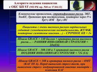 Алгоритм ведения пациентов
с ОКС БП ST (МЗ РК пр. №8 от 17.04.12)
Клинические проявления, стратификация риска, ЭКГ,
ЭхоКГ, Тропонин при поступлении, повторно через 9 ч
Тр(+) ИМ Тр(-) НС
Пациенты с очень высоким риском кардиальных
событий (гемодинамическая нестабильность, ЖТ/ФЖ,
повторные симптомы ишемии…) – СРОЧНОЕ КВ < 2ч
Шкала GRACE > 140 баллов + критерии риска высокого
риска… – РАННЯЯ ИНВАЗИВНАЯ СТРАТЕГИЯ <
24ч(IA)
Шкала GRACE – 108-140 и 1 критерий высокого риска -
ПОЗДНЯЯ ИНВАЗИВНАЯ СТРАТЕГИЯ < 72ч (IA)
Шкала GRACE < 108 и критерии низкого риска – ОМТ
(КАГ III A). Перед выпиской стресс-тест, при
выявлении стресс- индуцированной ишемии миокарда –
плановая КАГ
 