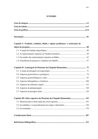 xiv
SUMÁRIO
Lista de imagens ................................................................................................................... xvi
Lista de tabelas ................................................................................................................... xxvi
Lista de gráficos................................................................................................................. xxvii
Introdução.............................................................................................................................. 01
Capítulo I: Tradição, tradições, Bahia e alguns problemas: a construção do
objeto de pesquisa.................................................................................................................. 08
1.1. A noção de tradição arqueológica................................................................................ 09
1.2. As representações rupestres no Nordeste brasileiro .................................................... 20
1.3. Os estudos das representações rupestres na Bahia....................................................... 47
1.4. O problema de pesquisa e a hipótese de trabalho........................................................ 67
Capítulo II: A paisagem do Piemonte da Chapada Diamantina....................................... 71
2.1. A noção de paisagem em arqueologia ......................................................................... 71
2.2. Aspectos geotectônicos e geológicos........................................................................... 79
2.3. Aspectos geomorfológicos e solos............................................................................... 87
2.4. Aspectos hidrográficos e climáticos .......................................................................... 100
2.5. Aspectos da cobertura vegetal ................................................................................... 115
2.6. Aspectos da paleopaisagem ....................................................................................... 120
2.7. Aspectos da paisagem atual....................................................................................... 124
Capítulo III: Sítios rupestres do Piemonte da Chapada Diamantina............................. 143
3.1. Diretrizes para a observação dos sítios rupestres....................................................... 143
3.2. Os trabalhos e os procedimentos de campo e laboratório.......................................... 150
3.3. Os resultados.............................................................................................................. 170
Considerações finais ............................................................................................................ 207
Referências bibliográficas................................................................................................... 213
 