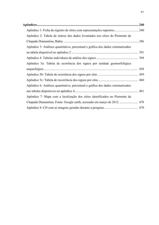 xv
Apêndices...............................................................................................................................240
Apêndice 1: Ficha de registro de sítios com representações rupestres..............................240
Apêndice 2: Tabela de síntese dos dados levantados nos sítios do Piemonte da
Chapada Diamantina, Bahia ..............................................................................................386
Apêndice 3: Análises quantitativa, percentual e gráfica dos dados sistematizados
na tabela disponível no apêndice 2 ................................................................................... 391
Apêndice 4: Tabelas individuais de análise dos signos.................................................... 394
Apêndice 5a: Tabela de ocorrência dos signos por unidade geomorfológica
arqueológica...................................................................................................................... 458
Apêndice 5b: Tabela de ocorrência dos signos por sítio .................................................. 459
Apêndice 5c: Tabela de recorrência dos signos por sítio.................................................. 460
Apêndice 6: Análises quantitativa, percentual e gráfica dos dados sistematizados
nas tabelas disponíveis no apêndice 4............................................................................... 461
Apêndice 7: Mapa com a localização dos sítios identificados no Piemonte da
Chapada Diamantina. Fonte: Google earth, acessado em março de 2012........................ 478
Apêndice 8: CD com as imagens geradas durante a pesquisa.......................................... 479
 