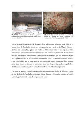 132
IMAGEM 44: Barragem do Cantinho, pinturas
depredadas através de queima do painel. Foto: Autor,
setembro de 2009.
IMAGEM 45: Fazenda Caldeirão 4 unidade 2,
pintura na entrada do abrigo depredada por
picoteamento. Foto: Autor, janeiro de 2010.
Para se ter uma ideia do potencial destrutivo desta ação sobre a paisagem, numa faixa de 40
km da Serra do Tombador coberta por esta pesquisa (entre a divisa de Miguel Calmon e
Jacobina até Mirangaba), apenas um trecho de 2 km se encontra pouco explorado pelos
mineradores. A área menos explorada refere-se a uma fazenda de propriedade de um médico
que atua em Jacobina, possivelmente com consciência ambiental, que não permite a entrada
para exploração lesiva ao meio ambiente; ainda assim, volta e meia tem de combater invasões
à sua propriedade, que se torna atrativa por estar relativamente preservada. Com exceção
desta área, todas as demais se encontram com os abrigos depredados, impedindo a
identificação dos sítios e, por seu turno, diminuindo as possibilidades de pesquisa.
Esta situação pode ser vislumbrada na sequência de panorâmicas tiradas de diferentes trechos
do alto da Serra do Tombador, no sentido Miguel Calmon a Mirangaba (sentido sul-norte),
cobrindo, portanto, toda a área da pesquisa neste setor:
 