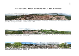 133
MONTAGENS FOTOGRÁFICAS DE DIFERENTES SETORES DA SERRA DO TOMBADOR
IMAGEM 46: Montagem fotográfica. Vista panorâmica em 180º do alto da escarpa da Serra do Tombador, na divisa entre Jacobina e Miguel Calmon, onde se percebe a
destruição do ambiente pela mineração ilegal. Fotos: Autor, fevereiro de 2009.
IMAGEM 47: Montagem fotográfica. Vista panorâmica em 360º do alto da escarpa da Serra do Tombador, na área de São Judas Tadeu, onde se percebe a destruição do
ambiente pela mineração ilegal. Fotos: Autor, fevereiro de 2009.
IMAGEM 48: Montagem fotográfica. Vista panorâmica em 360º do alto da escarpa da Serra do Tombador, na área de Três Coqueiros, onde se percebe a destruição do
ambiente pela mineração ilegal. Fotos: Autor, setembro de 2009.
 