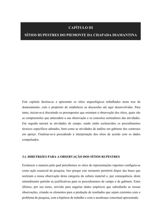 CAPÍTULO III
SÍTIOS RUPESTRES DO PIEMONTE DA CHAPADA DIAMANTINA
Este capítulo destina-se a apresentar os sítios arqueológicos trabalhados nesta tese de
doutoramento, com o propósito de estabelecer as discussões até aqui desenvolvidas. Para
tanto, iniciar-se-á discutindo os pressupostos que orientam a observação dos sítios, quais são
as compreensões que antecedem a sua observação e os conceitos norteadores das atividades.
Em seguida narrará as atividades de campo, sendo então esclarecidos os procedimentos
técnicos específicos adotados, bem como as atividades de análise em gabinete dos contextos
em apreço. Finalizar-se-á procedendo à interpretação dos sítios de acordo com os dados
compulsados.
3.1. DIRETRIZES PARA A OBSERVAÇÃO DOS SÍTIOS RUPESTRES
Esclarecer a maneira pela qual percebemos os sítios de representações rupestres configura-se
como ação essencial da pesquisa. Isto porque este momento permitirá dispor das bases que
norteiam a nossa observação desta categoria da cultura material e, por consequência, deste
entendimento partirão as justificativas para os procedimentos de campo e de gabinete. Estes
últimos, por seu turno, servirão para angariar dados empíricos que subsidiarão as nossas
observações, criando os elementos para a produção de resultados que sejam coerentes com o
problema de pesquisa, com a hipótese de trabalho e com o arcabouço conceitual apresentado.
 