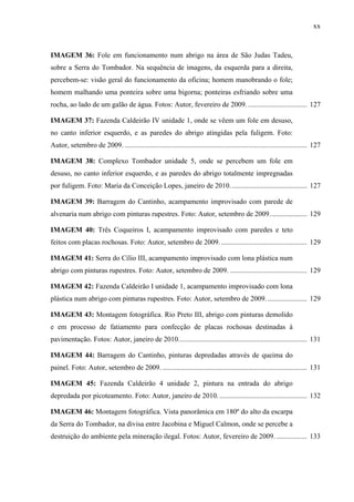 xx
IMAGEM 36: Fole em funcionamento num abrigo na área de São Judas Tadeu,
sobre a Serra do Tombador. Na sequência de imagens, da esquerda para a direita,
percebem-se: visão geral do funcionamento da oficina; homem manobrando o fole;
homem malhando uma ponteira sobre uma bigorna; ponteiras esfriando sobre uma
rocha, ao lado de um galão de água. Fotos: Autor, fevereiro de 2009. ................................. 127
IMAGEM 37: Fazenda Caldeirão IV unidade 1, onde se vêem um fole em desuso,
no canto inferior esquerdo, e as paredes do abrigo atingidas pela fuligem. Foto:
Autor, setembro de 2009. ...................................................................................................... 127
IMAGEM 38: Complexo Tombador unidade 5, onde se percebem um fole em
desuso, no canto inferior esquerdo, e as paredes do abrigo totalmente impregnadas
por fuligem. Foto: Maria da Conceição Lopes, janeiro de 2010........................................... 127
IMAGEM 39: Barragem do Cantinho, acampamento improvisado com parede de
alvenaria num abrigo com pinturas rupestres. Foto: Autor, setembro de 2009..................... 129
IMAGEM 40: Três Coqueiros I, acampamento improvisado com paredes e teto
feitos com placas rochosas. Foto: Autor, setembro de 2009. ................................................ 129
IMAGEM 41: Serra do Cílio III, acampamento improvisado com lona plástica num
abrigo com pinturas rupestres. Foto: Autor, setembro de 2009. ........................................... 129
IMAGEM 42: Fazenda Caldeirão I unidade 1, acampamento improvisado com lona
plástica num abrigo com pinturas rupestres. Foto: Autor, setembro de 2009. ...................... 129
IMAGEM 43: Montagem fotográfica. Rio Preto III, abrigo com pinturas demolido
e em processo de fatiamento para confecção de placas rochosas destinadas à
pavimentação. Fotos: Autor, janeiro de 2010........................................................................ 131
IMAGEM 44: Barragem do Cantinho, pinturas depredadas através de queima do
painel. Foto: Autor, setembro de 2009. ................................................................................. 131
IMAGEM 45: Fazenda Caldeirão 4 unidade 2, pintura na entrada do abrigo
depredada por picoteamento. Foto: Autor, janeiro de 2010. ................................................. 132
IMAGEM 46: Montagem fotográfica. Vista panorâmica em 180º do alto da escarpa
da Serra do Tombador, na divisa entre Jacobina e Miguel Calmon, onde se percebe a
destruição do ambiente pela mineração ilegal. Fotos: Autor, fevereiro de 2009. ................. 133
 