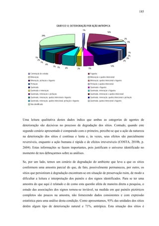 185
GRÁFICO 12: DETERIORAÇÃO POR AÇÃO ANTRÓPICA
1%
16%
2%
5%
2%
3%
2%
12%
5%2%6%
1%
6%
2%
29%
1%
1%
1%
1%
Construção de estrada Fogueira
Mineração Mineração e quebra intencional
Mineração, pichação e fogueira Mineração, quebra intencional e fogueira
Pichação Pichação e quebra intencional
Queimada Queimada e fogueira
Queimada e mineração Queimada, mineração e fogueira
Queimada, mineração e pichação Queimada, mineração e quebra intencional
Queimada, mineração, quebra intencional e fogueira Queimada, mineração, quebra intencional e pichação
Queimada, mineração, quebra intencional, pichação e fogueira Queimada, quebra intencional e fogueira
Não identificada
Uma leitura qualitativa destes dados indica que ambas as categorias de agentes de
deterioração são decisivas no processo de degradação dos sítios. Contudo, quando este
segundo cenário apresentado é comparado com o primeiro, percebe-se que a ação da natureza
na deterioração dos sítios é contínua e lenta e, às vezes, seus efeitos são parcialmente
reversíveis, enquanto a ação humana é rápida e de efeitos irreversíveis (COSTA, 2010b, p.
2604). Estas informações se fazem importantes, pois justificam o universo identificado no
momento de nos debruçarmos sobre as análises.
Se, por um lado, temos um cenário de degradação do ambiente que leva a que os sítios
conformem uma amostra parcial do que, de fato, possivelmente permaneceu, por outro, os
sítios que persistiram à degradação encontram-se em situação de preservação ruim, de modo a
dificultar a leitura e interpretação dos painéis e dos signos identificados. Para se ter uma
amostra do que aqui é relatado e de como esta questão afeta de maneira direta a pesquisa, o
estudo das associações dos signos tornou-se inviável, na medida em que painéis pictóricos
completos são poucos na amostra, não fornecendo dados consistentes e com expressão
estatística para uma análise desta condição. Como apresentamos, 93% das unidades dos sítios
detêm algum tipo de deterioração natural e 71%, antrópica. Esta situação dos sítios é
 