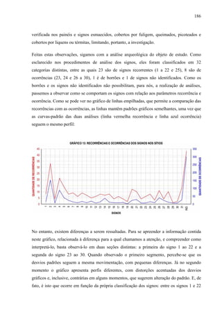 186
verificada nos painéis e signos esmaecidos, cobertos por fuligem, queimados, picoteados e
cobertos por liquens ou térmitas, limitando, portanto, a investigação.
Feitas estas observações, sigamos com a análise arqueológica do objeto de estudo. Como
esclarecido nos procedimentos de análise dos signos, eles foram classificados em 32
categorias distintas, entre as quais 23 são de signos recorrentes (1 a 22 e 25), 8 são de
ocorrências (23, 24 e 26 a 30), 1 é de borrões e 1 de signos não identificados. Como os
borrões e os signos não identificados não possibilitam, para nós, a realização de análises,
passemos a observar como se comportam os signos com relação aos parâmetros recorrência e
ocorrência. Como se pode ver no gráfico de linhas empilhadas, que permite a comparação das
recorrências com as ocorrências, as linhas mantêm padrões gráficos semelhantes, uma vez que
as curvas-padrão das duas análises (linha vermelha recorrência e linha azul ocorrência)
seguem o mesmo perfil:
No entanto, existem diferenças a serem ressaltadas. Para se apreender a informação contida
neste gráfico, relacionada à diferença para a qual chamamos a atenção, e compreender como
interpretá-lo, basta observá-lo em duas seções distintas: a primeira do signo 1 ao 22 e a
segunda do signo 23 ao 30. Quando observado o primeiro segmento, percebe-se que os
desvios padrões seguem a mesma movimentação, com pequenas diferenças. Já no segundo
momento o gráfico apresenta perfis diferentes, com distorções acentuadas dos desvios
gráficos e, inclusive, contrárias em alguns momentos, que sugerem alteração do padrão. E, de
fato, é isto que ocorre em função da própria classificação dos signos: entre os signos 1 e 22
 