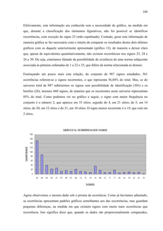 188
Efetivamente, esta informação era conhecida sem a necessidade do gráfico, na medida em
que, durante a classificação dos elementos figurativos, não foi possível se identificar
recorrências, com exceção do signo 25 (mão espalmada). Contudo, gerar esta informação de
maneira gráfica se faz necessário com o intuito de comparar os resultados destes dois últimos
gráficos com os daquele anteriormente apresentado (gráfico 13), de maneira a deixar claro
que, apesar de equivalentes quantitativamente, não existem recorrências nos signos 23, 24 e
26 a 30. Ou seja, estaríamos falando da possibilidade de existência de uma norma subjacente
associada às pinturas ordenadas de 1 a 22 e 25, que difere da norma relacionada às demais.
Esmiuçando um pouco mais esta relação, do conjunto de 987 signos estudados, 561
ocorrências referem-se a signos recorrentes, o que representa 56,84% do total. Mas, se do
universo total de 987 subtrairmos os signos sem possibilidade de identificação (301) e os
borrões (26), teremos 660 signos, de maneira que os recorrentes neste universo representam
85% do total. Como podemos ver no gráfico a seguir, o signo com maior frequência no
conjunto é o número 2, que aparece em 35 sítios; seguido do 4, em 21 sítios; do 5, em 14
sítios; do 20, em 12 sítios e do 21, em 10 sítios. O signo menos recorrente é o 19, que está em
2 sítios.
GRÁFICO 16: OCORRÊNCIA DOS SIGNOS
0
20
40
60
80
100
120
140
160
180
02 04 05 20 21 07 09 01 06 13 15 10 14 08 12 17 11 03 16 18 22 25 19
SIGNOS
QUANTIDADE
Agora observemos o mesmo dado sob o prisma da ocorrência. Como já havíamos adiantado,
as ocorrências apresentam padrões gráficos semelhantes aos das recorrências, mas guardam
pequenas diferenças, na medida em que existem signos com muito mais ocorrências que
recorrência. Isto significa dizer que, quando os dados são proporcionalmente comparados,
 