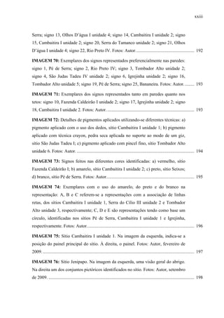 xxiii
Serra; signo 13, Olhos D’água I unidade 4; signo 14, Cambaitira I unidade 2; signo
15, Cambaitira I unidade 2; signo 20, Serra do Tamanco unidade 2; signo 21, Olhos
D’água I unidade 4; signo 22, Rio Preto IV. Fotos: Autor.................................................... 192
IMAGEM 70: Exemplares dos signos representados preferencialmente nas paredes:
signo 1, Pé de Serra; signo 2, Rio Preto IV; signo 3, Tombador Alto unidade 2;
signo 4, São Judas Tadeu IV unidade 2; signo 6, Igrejinha unidade 2; signo 16,
Tombador Alto unidade 5; signo 19, Pé de Serra; signo 25, Bananeira. Fotos: Autor. ........ 193
IMAGEM 71: Exemplares dos signos representados tanto em paredes quanto nos
tetos: signo 10, Fazenda Caldeirão I unidade 2; signo 17, Igrejinha unidade 2; signo
18, Cambaitira I unidade 2. Fotos: Autor.............................................................................. 193
IMAGEM 72: Detalhes de pigmentos aplicados utilizando-se diferentes técnicas: a)
pigmento aplicado com o uso dos dedos, sítio Cambaitira I unidade 1; b) pigmento
aplicado com técnica crayon, pedra seca aplicada no suporte ao modo de um giz,
sítio São Judas Tadeu I; c) pigmento aplicado com pincel fino, sítio Tombador Alto
unidade 6. Fotos: Autor. ........................................................................................................ 194
IMAGEM 73: Signos feitos nas diferentes cores identificadas: a) vermelho, sítio
Fazenda Caldeirão I; b) amarelo, sítio Cambaitira I unidade 2; c) preto, sítio Seixos;
d) branco, sítio Pé de Serra. Fotos: Autor.............................................................................. 195
IMAGEM 74: Exemplares com o uso do amarelo, do preto e do branco na
representação: A, B e C referem-se a representações com a associação de linhas
retas, dos sítios Cambaitira I unidade 1, Serra do Cílio III unidade 2 e Tombador
Alto unidade 3, respectivamente; C, D e E são representações tendo como base um
círculo, identificadas nos sítios Pé de Serra, Cambaitira I unidade 1 e Igrejinha,
respectivamente. Fotos: Autor............................................................................................... 196
IMAGEM 75: Sítio Cambaitira I unidade 1. Na imagem da esquerda, indica-se a
posição do painel principal do sítio. À direita, o painel. Fotos: Autor, fevereiro de
2009. ...................................................................................................................................... 197
IMAGEM 76: Sítio Jenipapo. Na imagem da esquerda, uma visão geral do abrigo.
Na direita um dos conjuntos pictóricos identificados no sítio. Fotos: Autor, setembro
de 2009. ................................................................................................................................. 198
 