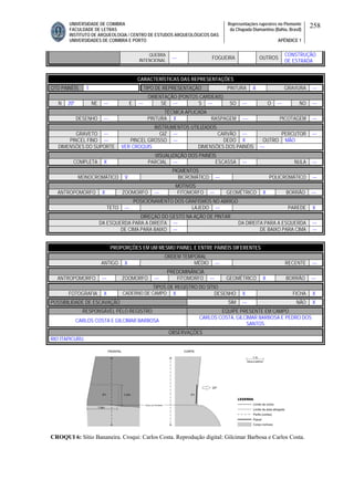 UNIVERSIDADE DE COIMBRA
FACULDADE DE LETRAS
INSTITUTO DE ARQUEOLOGIA / CENTRO DE ESTUDOS ARQUEOLÓGICOS DAS
UNIVERSIDADES DE COIMBRA E PORTO
Representações rupestres no Piemonte
da Chapada Diamantina (Bahia, Brasil)
APÊNDICE 1
258
QUEBRA
INTENCIONAL
--- FOGUEIRA OUTROS
CONSTRUÇÃO
DE ESTRADA
CARACTERÍSTICAS DAS REPRESENTAÇÕES
QTD PAINÉIS 1 TIPO DE REPRESENTAÇÃO PINTURA X GRAVURA ---
ORIENTAÇÃO (PONTOS CARDEAIS)
N 20º NE --- E --- SE --- S --- SO --- O --- NO ---
TÉCNICA APLICADA
DESENHO --- PINTURA X RASPAGEM ---- PICOTAGEM ---
INSTRUMENTOS UTILIZADOS
GRAVETO --- GIZ --- CARVÃO --- PERCUTOR ---
PINCEL FINO --- PINCEL GROSSO --- DEDO X OUTRO MÃO
DIMENSÕES DO SUPORTE VER CROQUIS DIMENSÕES DOS PAINÉIS ---
VISUALIZAÇÃO DOS PAINÉIS
COMPLETA X PARCIAL --- ESCASSA --- NULA ---
PIGMENTOS
MONOCROMÁTICO V BICROMÁTICO --- POLICROMÁTICO ---
MOTIVOS
ANTROPOMORFO X ZOOMORFO --- FITOMORFO --- GEOMÉTRICO X BORRÃO ---
POSICIONAMENTO DOS GRAFISMOS NO ABRIGO
TETO --- LAJEDO --- PAREDE X
DIREÇAO DO GESTO NA AÇÃO DE PINTAR
DA ESQUERDA PARA A DIREITA --- DA DIREITA PARA A ESQUERDA ---
DE CIMA PARA BAIXO --- DE BAIXO PARA CIMA ---
PROPORÇÕES EM UM MESMO PAINEL E ENTRE PAINÉIS DIFERENTES
ORDEM TEMPORAL
ANTIGO X MÉDIO --- RECENTE ---
PREDOMINÂNCIA
ANTROPOMORFO --- ZOOMORFO --- FITOMORFO --- GEOMÉTRICO X BORRÃO ---
TIPOS DE REGISTRO DO SÍTIO
FOTOGRAFIA X CADERNO DE CAMPO X DESENHO X FICHA X
POSSIBILIDADE DE ESCAVAÇÃO SIM --- NÃO X
RESPONSÁVEL PELO REGISTRO EQUIPE PRESENTE EM CAMPO
CARLOS COSTA E GILCIMAR BARBOSA
CARLOS COSTA, GILCIMAR BARBOSA E PEDRO DOS
SANTOS
OBSERVAÇÕES
RIO ITAPICURU.
CROQUI 6: Sítio Bananeira. Croqui: Carlos Costa. Reprodução digital: Gilcimar Barbosa e Carlos Costa.
 