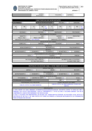 UNIVERSIDADE DE COIMBRA
FACULDADE DE LETRAS
INSTITUTO DE ARQUEOLOGIA / CENTRO DE ESTUDOS ARQUEOLÓGICOS DAS
UNIVERSIDADES DE COIMBRA E PORTO
Representações rupestres no Piemonte
da Chapada Diamantina (Bahia, Brasil)
APÊNDICE 1
283
QUEBRA
INTENCIONAL
--- FOGUEIRA X OUTROS ---
CARACTERÍSTICAS DAS REPRESENTAÇÕES
QTD PAINÉIS 3 TIPO DE REPRESENTAÇÃO PINTURA X GRAVURA ---
ORIENTAÇÃO (PONTOS CARDEAIS)
N --- NE --- E --- SE U1
120º
S --- SO --- O --- NO U2
300º
TÉCNICA APLICADA
DESENHO --- PINTURA X RASPAGEM --- PICOTAGEM ---
INSTRUMENTOS UTILIZADOS
GRAVETO --- GIZ --- CARVÃO --- PERCUTOR ---
PINCEL FINO --- PINCEL GROSSO --- DEDO X OUTRO ---
DIMENSÕES DO SUPORTE VER CROQUIS DIMENSÕES DOS PAINÉIS ---
VISUALIZAÇÃO DOS PAINÉIS
COMPLETA --- PARCIAL --- ESCASSA --- NULA X
PIGMENTOS
MONOCROMÁTICO V BICROMÁTICO --- POLICROMÁTICO ---
MOTIVOS
ANTROPOMORFO --- ZOOMORFO --- FITOMORFO --- GEOMÉTRICO X BORRÃO ---
POSICIONAMENTO DOS GRAFISMOS NO ABRIGO
TETO X LAJEDO --- PAREDE ---
DIREÇAO DO GESTO NA AÇÃO DE PINTAR
DA ESQUERDA PARA A DIREITA --- DA DIREITA PARA A ESQUERDA ---
DE CIMA PARA BAIXO --- DE BAIXO PARA CIMA ---
PROPORÇÕES EM UM MESMO PAINEL E ENTRE PAINÉIS DIFERENTES
ORDEM TEMPORAL
ANTIGO X MÉDIO --- RECENTE ---
PREDOMINÂNCIA
ANTROPOMORFO --- ZOOMORFO --- FITOMORFO --- GEOMÉTRICO X BORRÃO ---
TIPOS DE REGISTRO DO SÍTIO
FOTOGRAFIA X CADERNO DE CAMPO X DESENHO X FICHA X
POSSIBILIDADE DE ESCAVAÇÃO SIM X NÃO
RESPONSÁVEL PELO REGISTRO EQUIPE PRESENTE EM CAMPO
CARLOS COSTA E GILCIMAR BARBOSA
CARLOS COSTA, GILCIMAR BARBOSA E PEDRO DOS
SANTOS
OBSERVAÇÕES
O SÍTIO DISPÕE DE DUAS UNIDADES GEOMORFOLÓGICAS/ARQUEOLÓGICAS, DISTANTES ENTRE SI CERCA DE 30M. A
PRIMEIRA TEM 2,2M DE PROFUNDIDADE, 4,6M DE COMPRIMENTO E 1,1M DE ALTURA. A SEGUNDA UNIDADE TEM 5M DE
COMPRIMENTO, 2,8M DE PROFUNDIDADE E 68 CM DE ALTURA.
O SÍTIO É UTILIZADO POR MINERADORES DA REGIÃO QUE TRABALHAM NA PEDREIRA. NO REFERIDO LOCAL NOTA-SE A
EXISTÊNCIA DE UM FOLE E DE UMA ESPÉCIE DE FORNO DESTINADOS A PRODUZIR INSTRUMENTOS OU FERRAMENTAS
PARA EXTRAÇÃO DAS ROCHAS.
 