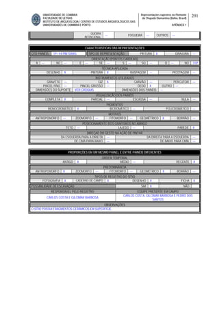 UNIVERSIDADE DE COIMBRA
FACULDADE DE LETRAS
INSTITUTO DE ARQUEOLOGIA / CENTRO DE ESTUDOS ARQUEOLÓGICOS DAS
UNIVERSIDADES DE COIMBRA E PORTO
Representações rupestres no Piemonte
da Chapada Diamantina (Bahia, Brasil)
APÊNDICE 1
291
QUEBRA
INTENCIONAL
--- FOGUEIRA --- OUTROS ---
CARACTERÍSTICAS DAS REPRESENTAÇÕES
QTD PAINÉIS 1P= 44 PINTURAS TIPO DE REPRESENTAÇÃO PINTURA X GRAVURA ---
ORIENTAÇÃO (PONTOS CARDEAIS)
N --- NE --- E --- SE --- S --- SO --- O --- NO 310º
TÉCNICA APLICADA
DESENHO X PINTURA X RASPAGEM --- PICOTAGEM ---
INSTRUMENTOS UTILIZADOS
GRAVETO --- GIZ X CARVÃO --- PERCUTOR ---
PINCEL FINO --- PINCEL GROSSO --- DEDO X OUTRO ---
DIMENSÕES DO SUPORTE VER CROQUIS DIMENSÕES DOS PAINÉIS ---
VISUALIZAÇÃO DOS PAINÉIS
COMPLETA X PARCIAL --- ESCASSA --- NULA ---
PIGMENTOS
MONOCROMÁTICO V BICROMÁTICO --- POLICROMÁTICO ---
MOTIVOS
ANTROPOMORFO --- ZOOMORFO --- FITOMORFO --- GEOMÉTRICO X BORRÃO ---
POSICIONAMENTO DOS GRAFISMOS NO ABRIGO
TETO --- LAJEDO --- PAREDE X
DIREÇAO DO GESTO NA AÇÃO DE PINTAR
DA ESQUERDA PARA A DIREITA --- DA DIREITA PARA A ESQUERDA ---
DE CIMA PARA BAIXO --- DE BAIXO PARA CIMA ---
PROPORÇÕES EM UM MESMO PAINEL E ENTRE PAINÉIS DIFERENTES
ORDEM TEMPORAL
ANTIGO X MÉDIO --- RECENTE X
PREDOMINÂNCIA
ANTROPOMORFO X ZOOMORFO --- FITOMORFO --- GEOMÉTRICO X BORRÃO ---
TIPOS DE REGISTRO DO SÍTIO
FOTOGRAFIA X CADERNO DE CAMPO X DESENHO X FICHA X
POSSIBILIDADE DE ESCAVAÇÃO SIM X NÃO
RESPONSÁVEL PELO REGISTRO EQUIPE PRESENTE EM CAMPO
CARLOS COSTA E GILCIMAR BARBOSA
CARLOS COSTA, GILCIMAR BARBOSA E PEDRO DOS
SANTOS
OBSERVAÇÕES
O SÍTIO POSSUI FRAGMENTOS CERÂMICOS EM SUPERFÍCIE.
 