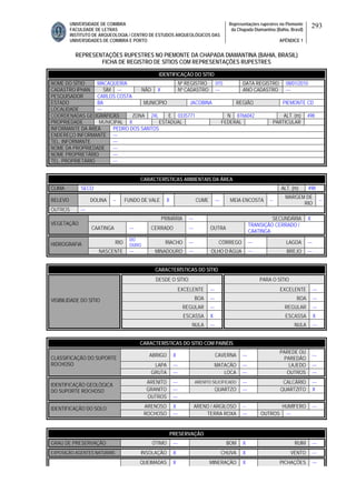 UNIVERSIDADE DE COIMBRA
FACULDADE DE LETRAS
INSTITUTO DE ARQUEOLOGIA / CENTRO DE ESTUDOS ARQUEOLÓGICOS DAS
UNIVERSIDADES DE COIMBRA E PORTO
Representações rupestres no Piemonte
da Chapada Diamantina (Bahia, Brasil)
APÊNDICE 1
293
REPRESENTAÇÕES RUPESTRES NO PIEMONTE DA CHAPADA DIAMANTINA (BAHIA, BRASIL)
FICHA DE REGISTRO DE SÍTIOS COM REPRESENTAÇÕES RUPESTRES
CARACTERÍSTICAS AMBIENTAIS DA ÁREA
CLIMA SECO ALT. (m) 498
RELEVO DOLINA -- FUNDO DE VALE X CUME --- MEIA ENCOSTA --
MARGEM DE
RIO
--
OUTROS ---
PRIMÁRIA --- SECUNDÁRIA X
VEGETAÇÃO
CAATINGA --- CERRADO --- OUTRA
TRANSIÇÃO CERRADO /
CAATINGA
RIO
DO
OURO
RIACHO --- CÓRREGO --- LAGOA ---HIDROGRAFIA
NASCENTE --- MINADOURO --- OLHO D’ÁGUA --- BREJO ---
CARACTERÍSTICAS DO SÍTIO
DESDE O SÍTIO PARA O SÍTIO
EXCELENTE --- EXCELENTE ---
BOA --- BOA ---
REGULAR --- REGULAR ---
ESCASSA X ESCASSA X
VISIBILIDADE DO SÍTIO
NULA --- NULA ---
CARACTERÍSTICAS DO SÍTIO COM PAINÉIS
ABRIGO X CAVERNA ---
PAREDE OU
PAREDÃO
---
LAPA --- MATACÃO --- LAJEDO ---
CLASSIFICAÇÃO DO SUPORTE
ROCHOSO
GRUTA --- LOCA --- OUTROS ---
ARENITO --- ARENITO SILICIFICADO --- CALCÁRIO ---
GRANITO --- QUARTZO --- QUARTZITO X
IDENTIFICAÇÃO GEOLÓGICA
DO SUPORTE ROCHOSO
OUTROS ---
ARENOSO X ARENO / ARGILOSO -- HUMÍFERO ---IDENTIFICAÇÃO DO SOLO
ROCHOSO --- TERRA ROXA --- OUTROS ---
PRESERVAÇÃO
GRAU DE PRESERVAÇÃO ÓTIMO --- BOM X RUIM ---
EXPOSIÇÃO AGENTES NATURAIS INSOLAÇÃO X CHUVA X VENTO ---
QUEIMADAS X MINERAÇÃO X PICHAÇÕES ---
IDENTIFICAÇÃO DO SÍTIO
NOME DO SÍTIO MACAQUEIRA Nº REGISTRO 015 DATA REGISTRO 08/01/2010
CADASTRO IPHAN SIM --- NÃO X Nº CADASTRO --- ANO CADASTRO ---
PESQUISADOR CARLOS COSTA
ESTADO BA MUNICÍPIO JACOBINA REGIÃO PIEMONTE CD
LOCALIDADE ---
COORDENADAS GEOGRÁFICAS ZONA 24L E 0335771 N 8766042 ALT. (m) 498
PROPRIEDADE MUNICIPAL X ESTADUAL FEDERAL PARTICULAR
INFORMANTE DA ÁREA PEDRO DOS SANTOS
ENDEREÇO INFORMANTE ---
TEL. INFORMANTE ---
NOME DA PROPRIEDADE ---
NOME PROPRIETÁRIO ---
TEL. PROPRIETÁRIO ---
 