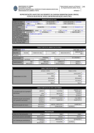 UNIVERSIDADE DE COIMBRA
FACULDADE DE LETRAS
INSTITUTO DE ARQUEOLOGIA / CENTRO DE ESTUDOS ARQUEOLÓGICOS DAS
UNIVERSIDADES DE COIMBRA E PORTO
Representações rupestres no Piemonte
da Chapada Diamantina (Bahia, Brasil)
APÊNDICE 1
295
REPRESENTAÇÕES RUPESTRES NO PIEMONTE DA CHAPADA DIAMANTINA (BAHIA, BRASIL)
FICHA DE REGISTRO DE SÍTIOS COM REPRESENTAÇÕES RUPESTRES
CARACTERÍSTICAS AMBIENTAIS DA ÁREA
CLIMA SECO ALT. (m) 923
RELEVO DOLINA -- FUNDO DE VALE --- CUME X MEIA ENCOSTA --
MARGEM DE
RIO
--
OUTROS ---
PRIMÁRIA X SECUNDÁRIA ---VEGETAÇÃO
CAATINGA --- CERRADO X OUTRA ---
RIO --- RIACHO --- CÓRREGO --- LAGOA ---HIDROGRAFIA
NASCENTE --- MINADOURO X OLHO D’ÁGUA --- BREJO X
CARACTERÍSTICAS DO SÍTIO
DESDE O SÍTIO PARA O SÍTIO
EXCELENTE X EXCELENTE X
BOA --- BOA ---
REGULAR --- REGULAR ---
ESCASSA --- ESCASSA ---
VISIBILIDADE DO SÍTIO
NULA --- NULA ---
CARACTERÍSTICAS DO SÍTIO COM PAINÉIS
ABRIGO --- CAVERNA ---
PAREDE OU
PAREDÃO
---
LAPA X MATACÃO --- LAJEDO ---
CLASSIFICAÇÃO DO SUPORTE
ROCHOSO
GRUTA --- LOCA --- OUTROS ---
ARENITO --- ARENITO SILICIFICADO X CALCÁRIO ---
GRANITO --- QUARTZO --- QUARTZITO
IDENTIFICAÇÃO GEOLÓGICA
DO SUPORTE ROCHOSO
OUTROS ---
ARENOSO X ARENO / ARGILOSO --- HUMÍFERO ---IDENTIFICAÇÃO DO SOLO
ROCHOSO --- TERRA ROXA --- OUTROS ---
PRESERVAÇÃO
GRAU DE PRESERVAÇÃO ÓTIMO --- BOM --- RUIM X
EXPOSIÇÃO AGENTES NATURAIS INSOLAÇÃO -- CHUVA X VENTO X
QUEIMADAS --- MINERAÇÃO X PICHAÇÕES ---
DETERIORAÇAO ANTRÓPICA QUEBRA
INTENCIONAL
X FOGUEIRA X OUTROS ---
IDENTIFICAÇÃO DO SÍTIO
NOME DO SÍTIO MORRO DO CRUZEIRO I Nº REGISTRO 016 DATA REGISTRO 04/09/2009
CADASTRO IPHAN SIM --- NÃO X Nº CADASTRO --- ANO CADASTRO ---
PESQUISADOR CARLOS COSTA
ESTADO BA MUNICÍPIO JACOBINA REGIÃO PIEMONTE CD
LOCALIDADE ---
COORDENADAS GEOGRÁFICAS ZONA 24L E 0319358 N 8777628 ALT. (m) 923
PROPRIEDADE MUNICIPAL X ESTADUAL --- FEDERAL --- PARTICULAR ---
INFORMANTE DA ÁREA PEDRO DOS SANTOS
ENDEREÇO INFORMANTE ---
TEL. INFORMANTE ---
NOME DA PROPRIEDADE ---
NOME PROPRIETÁRIO ---
TEL. PROPRIETÁRIO ---
 
