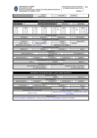 UNIVERSIDADE DE COIMBRA
FACULDADE DE LETRAS
INSTITUTO DE ARQUEOLOGIA / CENTRO DE ESTUDOS ARQUEOLÓGICOS DAS
UNIVERSIDADES DE COIMBRA E PORTO
Representações rupestres no Piemonte
da Chapada Diamantina (Bahia, Brasil)
APÊNDICE 1
302
QUEBRA
INTENCIONAL
--- FOGUEIRA X OUTROS ---
CARACTERÍSTICAS DAS REPRESENTAÇÕES
QTD PAINÉIS 19 TIPO DE REPRESENTAÇÃO PINTURA X GRAVURA
ORIENTAÇÃO (PONTOS CARDEAIS)
N --- NE --- E --- SE --- S U3
160º
SO --- O U1
290º
NO U2
300º
U4
320º
TÉCNICA APLICADA
DESENHO --- PINTURA X RASPAGEM --- PICOTAGEM ---
INSTRUMENTOS UTILIZADOS
GRAVETO --- GIZ --- CARVÃO --- PERCUTOR ---
PINCEL FINO X PINCEL GROSSO --- DEDO X OUTRO ---
DIMENSÕES DO SUPORTE VER CROQUIS DIMENSÕES DOS PAINÉIS ---
VISUALIZAÇÃO DOS PAINÉIS
COMPLETA --- PARCIAL X ESCASSA X NULA ---
PIGMENTOS
MONOCROMÁTICO --- BICROMÁTICO V A POLICROMÁTICO ---
MOTIVOS
ANTROPOMORFO X ZOOMORFO X FITOMORFO --- GEOMÉTRICO X BORRÃO ---
POSICIONAMENTO DOS GRAFISMOS NO ABRIGO
TETO X LAJEDO --- PAREDE X
DIREÇAO DO GESTO NA AÇÃO DE PINTAR
DA ESQUERDA PARA A DIREITA --- DA DIREITA PARA A ESQUERDA ---
DE CIMA PARA BAIXO --- DE BAIXO PARA CIMA ---
PROPORÇÕES EM UM MESMO PAINEL E ENTRE PAINÉIS DIFERENTES
ORDEM TEMPORAL
ANTIGO --- MÉDIO --- RECENTE X
PREDOMINÂNCIA
ANTROPOMORFO --- ZOOMORFO --- FITOMORFO --- GEOMÉTRICO X BORRÃO ---
TIPOS DE REGISTRO DO SÍTIO
FOTOGRAFIA X CADERNO DE CAMPO X DESENHO X FICHA X
POSSIBILIDADE DE ESCAVAÇÃO SIM X NÃO
RESPONSÁVEL PELO REGISTRO EQUIPE PRESENTE EM CAMPO
CARLOS COSTA
CARLOS COSTA, MURILO ARAÚJO, LEANDRO MAX E PEDRO
DOS SANTOS
OBSERVAÇÕES
O SÍTIO TEM 20M DE COMPRIMENTO, 1,4M DE ALTURA E 4M DE PROFUNDIDADE. DISPÕE DE 18 PAINÉIS.
 