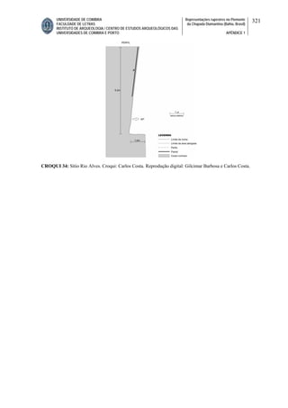 UNIVERSIDADE DE COIMBRA
FACULDADE DE LETRAS
INSTITUTO DE ARQUEOLOGIA / CENTRO DE ESTUDOS ARQUEOLÓGICOS DAS
UNIVERSIDADES DE COIMBRA E PORTO
Representações rupestres no Piemonte
da Chapada Diamantina (Bahia, Brasil)
APÊNDICE 1
321
CROQUI 34: Sítio Rio Alves. Croqui: Carlos Costa. Reprodução digital: Gilcimar Barbosa e Carlos Costa.
 