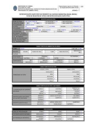 UNIVERSIDADE DE COIMBRA
FACULDADE DE LETRAS
INSTITUTO DE ARQUEOLOGIA / CENTRO DE ESTUDOS ARQUEOLÓGICOS DAS
UNIVERSIDADES DE COIMBRA E PORTO
Representações rupestres no Piemonte
da Chapada Diamantina (Bahia, Brasil)
APÊNDICE 1
335
REPRESENTAÇÕES RUPESTRES NO PIEMONTE DA CHAPADA DIAMANTINA (BAHIA, BRASIL)
FICHA DE REGISTRO DE SÍTIOS COM REPRESENTAÇÕES RUPESTRES
CARACTERÍSTICAS AMBIENTAIS DA ÁREA
CLIMA SECO ALT. (m) 895
RELEVO DOLINA -- FUNDO DE VALE -- CUME X MEIA ENCOSTA --
MARGEM DE
RIO
--
OUTROS ---
PRIMÁRIA --- SECUNDÁRIA XVEGETAÇÃO
CAATINGA --- CERRADO X OUTRA ---
RIO --- RIACHO --- CÓRREGO --- LAGOA ---HIDROGRAFIA
NASCENTE --- MINADOURO --- OLHO D’ÁGUA --- BREJO ---
CARACTERÍSTICAS DO SÍTIO
DESDE O SÍTIO PARA O SÍTIO
EXCELENTE --- EXCELENTE ---
BOA --- BOA ---
REGULAR --- REGULAR ---
ESCASSA X ESCASSA X
VISIBILIDADE DO SÍTIO
NULA --- NULA ---
CARACTERÍSTICAS DO SÍTIO COM PAINÉIS
ABRIGO --- CAVERNA ---
PAREDE OU
PAREDÃO
---
LAPA --- MATACÃO --- LAJEDO ---
CLASSIFICAÇÃO DO SUPORTE
ROCHOSO
GRUTA X LOCA --- OUTROS ---
ARENITO --- ARENITO SILICIFICADO X CALCÁRIO ---
GRANITO --- QUARTZO --- QUARTZITO ---
IDENTIFICAÇÃO GEOLÓGICA
DO SUPORTE ROCHOSO
OUTROS ---
ARENOSO X ARENO / ARGILOSO --- HUMÍFERO ---IDENTIFICAÇÃO DO SOLO
ROCHOSO --- TERRA ROXA --- OUTROS ---
PRESERVAÇÃO
GRAU DE PRESERVAÇÃO ÓTIMO --- BOM --- RUIM X
EXPOSIÇÃO AGENTES NATURAIS INSOLAÇÃO --- CHUVA --- VENTO X
QUEIMADAS X MINERAÇÃO --- PICHAÇÕES ---
DETERIORAÇAO ANTRÓPICA QUEBRA
INTENCIONAL
X FOGUEIRA X OUTROS ---
IDENTIFICAÇÃO DO SÍTIO
NOME DO SÍTIO SÃO JUDAS TADEU III Nº REGISTRO 032 DATA REGISTRO 18/02/2009
CADASTRO IPHAN SIM --- NÃO X Nº CADASTRO --- ANO CADASTRO ---
PESQUISADOR CARLOS COSTA
ESTADO BA MUNICÍPIO JACOBINA REGIÃO PIEMONTE CD
LOCALIDADE SERRA DO TOMBADOR
COORDENADAS GEOGRÁFICAS ZONA 24L E 0314733 N 8764510 ALT. (m) 895
PROPRIEDADE MUNICIPAL --- ESTADUAL --- FEDERAL --- PARTICULAR X
INFORMANTE DA ÁREA ---
ENDEREÇO INFORMANTE ---
TEL. INFORMANTE ---
NOME DA PROPRIEDADE ---
NOME PROPRIETÁRIO ---
TEL. PROPRIETÁRIO ---
 