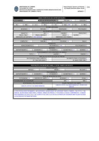UNIVERSIDADE DE COIMBRA
FACULDADE DE LETRAS
INSTITUTO DE ARQUEOLOGIA / CENTRO DE ESTUDOS ARQUEOLÓGICOS DAS
UNIVERSIDADES DE COIMBRA E PORTO
Representações rupestres no Piemonte
da Chapada Diamantina (Bahia, Brasil)
APÊNDICE 1
339
CARACTERÍSTICAS DAS REPRESENTAÇÕES
QTD PAINÉIS 5 TIPO DE REPRESENTAÇÃO PINTURA X GRAVURA ---
ORIENTAÇÃO (PONTOS CARDEAIS)
N --- NE --- E --- SE --- S --- SO 210º O --- NO ---
TÉCNICA APLICADA
DESENHO X PINTURA X RASPAGEM --- PICOTAGEM ---
INSTRUMENTOS UTILIZADOS
GRAVETO --- GIZ X CARVÃO --- PERCUTOR ---
PINCEL FINO --- PINCEL GROSSO --- DEDO X OUTRO ---
DIMENSÕES DO SUPORTE VER CROQUIS DIMENSÕES DOS PAINÉIS
VISUALIZAÇÃO DOS PAINÉIS
COMPLETA --- PARCIAL --- ESCASSA X NULA ---
PIGMENTOS
MONOCROMÁTICO --- BICROMÁTICO V A POLICROMÁTICO ---
MOTIVOS
ANTROPOMORFO --- ZOOMORFO --- FITOMORFO --- GEOMÉTRICO X BORRÃO X
POSICIONAMENTO DOS GRAFISMOS NO ABRIGO
TETO X LAJEDO --- PAREDE X
DIREÇAO DO GESTO NA AÇÃO DE PINTAR
DA ESQUERDA PARA A DIREITA --- DA DIREITA PARA A ESQUERDA ---
DE CIMA PARA BAIXO --- DE BAIXO PARA CIMA ---
PROPORÇÕES EM UM MESMO PAINEL E ENTRE PAINÉIS DIFERENTES
ORDEM TEMPORAL
ANTIGO --- MÉDIO --- RECENTE ---
PREDOMINÂNCIA
ANTROPOMORFO --- ZOOMORFO --- FITOMORFO --- GEOMÉTRICO X BORRÃO ---
TIPOS DE REGISTRO DO SÍTIO
FOTOGRAFIA X CADERNO DE CAMPO X DESENHO X FICHA X
POSSIBILIDADE DE ESCAVAÇÃO SIM X NÃO ---
RESPONSÁVEL PELO REGISTRO EQUIPE PRESENTE EM CAMPO
CARLOS COSTA E GILCIMAR BARBOSA
CARLOS COSTA, GILCIMAR BARBOSA E PEDRO DOS
SANTOS
OBSERVAÇÕES
O SÍTIO POSSUI DOIS PATAMARES, UM SUPERIOR E UM INFERIOR. NO SUPERIOR TEMOS 3 PAINÉIS, 2 NO TETO E 1 NA
PAREDE. NO INFERIOR TEMOS MAIS 2 PAINÉIS, AMBOS NA PAREDE. O SÍTIO MEDE 29,5M DE COMPRIMENTO. A MAIOR
PROFUNDIDADE DO SÍTIO É DE 4,3 M. QUANTO A ALTURA, ELA CHEGA A ATINGIR 2M.TEM AINDA UMA FIGURA ISOLADA
LOCALIZADA NO PATAMAR INFERIOR.
 