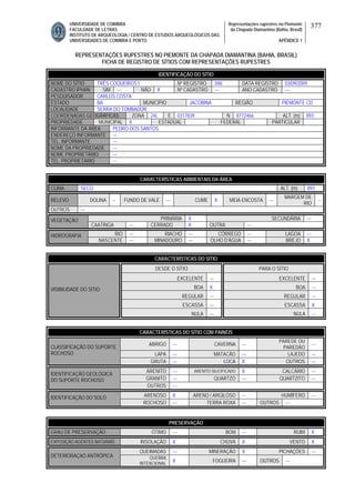 UNIVERSIDADE DE COIMBRA
FACULDADE DE LETRAS
INSTITUTO DE ARQUEOLOGIA / CENTRO DE ESTUDOS ARQUEOLÓGICOS DAS
UNIVERSIDADES DE COIMBRA E PORTO
Representações rupestres no Piemonte
da Chapada Diamantina (Bahia, Brasil)
APÊNDICE 1
377
REPRESENTAÇÕES RUPESTRES NO PIEMONTE DA CHAPADA DIAMANTINA (BAHIA, BRASIL)
FICHA DE REGISTRO DE SÍTIOS COM REPRESENTAÇÕES RUPESTRES
CARACTERÍSTICAS AMBIENTAIS DA ÁREA
CLIMA SECO ALT. (m) 893
RELEVO DOLINA -- FUNDO DE VALE --- CUME X MEIA ENCOSTA ---
MARGEM DE
RIO
--
OUTROS ---
PRIMÁRIA X SECUNDÁRIA ---VEGETAÇÃO
CAATINGA --- CERRADO X OUTRA ---
RIO --- RIACHO --- CÓRREGO --- LAGOA ---HIDROGRAFIA
NASCENTE --- MINADOURO --- OLHO D’ÁGUA --- BREJO X
CARACTERÍSTICAS DO SÍTIO
DESDE O SÍTIO PARA O SÍTIO
EXCELENTE --- EXCELENTE ---
BOA X BOA ---
REGULAR --- REGULAR ---
ESCASSA --- ESCASSA X
VISIBILIDADE DO SÍTIO
NULA --- NULA ---
CARACTERÍSTICAS DO SÍTIO COM PAINÉIS
ABRIGO --- CAVERNA ---
PAREDE OU
PAREDÃO
---
LAPA --- MATACÃO --- LAJEDO ---
CLASSIFICAÇÃO DO SUPORTE
ROCHOSO
GRUTA --- LOCA X OUTROS ---
ARENITO --- ARENITO SILICIFICADO X CALCÁRIO ---
GRANITO --- QUARTZO --- QUARTZITO ---
IDENTIFICAÇÃO GEOLÓGICA
DO SUPORTE ROCHOSO
OUTROS ---
ARENOSO X ARENO / ARGILOSO --- HUMÍFERO ---IDENTIFICAÇÃO DO SOLO
ROCHOSO --- TERRA ROXA --- OUTROS ---
PRESERVAÇÃO
GRAU DE PRESERVAÇÃO ÓTIMO --- BOM --- RUIM X
EXPOSIÇÃO AGENTES NATURAIS INSOLAÇÃO X CHUVA X VENTO X
QUEIMADAS --- MINERAÇÃO X PICHAÇÕES ---
DETERIORAÇAO ANTRÓPICA QUEBRA
INTENCIONAL
X FOGUEIRA --- OUTROS ---
IDENTIFICAÇÃO DO SÍTIO
NOME DO SÍTIO TRÊS COQUEIROS I Nº REGISTRO 046 DATA REGISTRO 03/09/2009
CADASTRO IPHAN SIM --- NÃO X Nº CADASTRO --- ANO CADASTRO ---
PESQUISADOR CARLOS COSTA
ESTADO BA MUNICÍPIO JACOBINA REGIÃO PIEMONTE CD
LOCALIDADE SERRA DO TOMBADOR
COORDENADAS GEOGRÁFICAS ZONA 24L E 0317839 N 8772466 ALT. (m) 893
PROPRIEDADE MUNICIPAL X ESTADUAL FEDERAL PARTICULAR
INFORMANTE DA ÁREA PEDRO DOS SANTOS
ENDEREÇO INFORMANTE ---
TEL. INFORMANTE ---
NOME DA PROPRIEDADE ---
NOME PROPRIETÁRIO ---
TEL. PROPRIETÁRIO ---
 