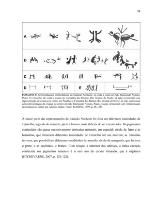 24
IMAGEM 3: Representações emblemáticas da tradição Nordeste: a) costa a costa em São Raimundo Nonato,
Piauí; b) variações do costa a costa em Carnaúba dos Dantas, Rio Grande do Norte; c) ação cerimonial com
representação de criança no centro em Parelhas e Carnaúba dos Dantas, Rio Grande do Norte; d) ação cerimonial
com representação de criança no centro em São Raimundo Nonato, Piauí; e) ação cerimonial com representação
de crianças no centro em Lençóis, Bahia. Fonte: MARTÍN, 1999, p. 253-254.
A maior parte das representações da tradição Nordeste foi feita em diferentes tonalidades de
vermelho, seguido do amarelo, preto e branco, mais difíceis de ser encontrados. Os pigmentos
conhecidos são quase exclusivamente derivados minerais, em especial: óxido de ferro e as
hematitas, que fornecem diferentes tonalidades de vermelho até um marrom; as limonitas
terrosas, que possibilitam diferentes tonalidades de amarelo; óxido de manganês, que fornece
o preto; e as caulinitas, o branco. Com relação à natureza dos aditivos, a única exceção
conhecida aos pigmentos minerais é o raro uso do carvão triturado, que é orgânico
(ETCHEVARNE, 2007, p. 121-122).
 