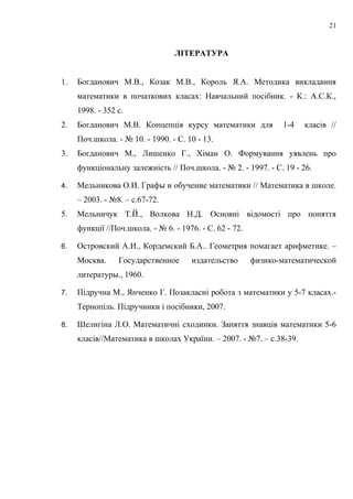 ЛІТЕРАТУРА
1. Богданович М.В., Козак М.В., Король Я.А. Методика викладання
математики в початкових класах: Навчальний посібник. - К.: А.С.К.,
1998. - 352 с.
2. Богданович М.В. Концепція курсу математики для 1-4 класів //
Поч.школа. - № 10. - 1990. - С. 10 - 13.
3. Богданович М., Лишенко Г., Хіман О. Формування уявлень про
функціональну залежність // Поч.школа. - № 2. - 1997. - С. 19 - 26.
4. Мельникова О.И. Графы и обучение математики // Математика в школе.
– 2003. - №8. – с.67-72.
5. Мельничук Т.Й., Волкова Н.Д. Основні відомості про поняття
функції //Поч.школа. - № 6. - 1976. - С. 62 - 72.
6. Островский А.И., Кордемский Б.А.. Геометрия помагает арифметике. –
Москва. Государственное издательство физико-математической
литературы., 1960.
7. Підручна М., Янченко Г. Позакласні робота з математики у 5-7 класах.-
Тернопіль. Підручники і посібники, 2007.
8. Шелигіна Л.О. Математичні сходинки. Заняття знавців математики 5-6
класів//Математика в школах України. – 2007. - №7. – с.38-39.
21
 