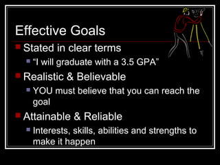 Effective Goals
 Stated in clear terms
 “I will graduate with a 3.5 GPA”
 Realistic & Believable
 YOU must believe that you can reach the
goal
 Attainable & Reliable
 Interests, skills, abilities and strengths to
make it happen
 