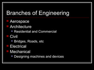 Branches of Engineering
 Aerospace
 Architecture
 Residential and Commercial
 Civil
 Bridges, Roads, etc
 Electrical
 Mechanical
 Designing machines and devices
 