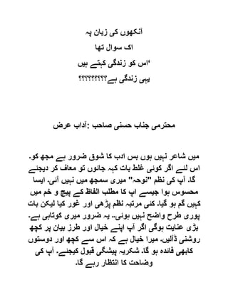 ‫ک‬ ‫آنکھوں‬‫ی‬‫پہ‬ ‫زبان‬
‫تھا‬ ‫سوال‬ ‫اک‬
‫زندگ‬ ‫کو‬ ‫اس‬‫ی‬‫ہ‬ ‫کہتے‬‫ی‬‫ں‬ ‘
‫ی‬‫ہ‬‫ی‬‫زندگ‬‫ی‬‫ہے؟؟؟؟؟؟؟؟؟‬
‫محترم‬‫ی‬‫حسن‬ ‫جناب‬‫ی‬‫صاحب‬:‫عرض‬ ‫آداب‬
‫م‬‫ی‬‫نہ‬ ‫شاعر‬ ‫ں‬‫ی‬‫کا‬ ‫ادب‬ ‫بس‬ ‫ہوں‬ ‫ں‬‫کو‬ ‫مجھ‬ ‫ہے‬ ‫ضرور‬ ‫شوق‬‫۔‬
‫کوئ‬ ‫اگر‬ ‫لئے‬ ‫اس‬‫ی‬‫د‬ ‫کر‬ ‫معاف‬ ‫تو‬ ‫جائوں‬ ‫کہہ‬ ‫بات‬ ‫غلط‬‫ی‬‫جئے‬
‫گا‬‫۔‬‫ک‬ ‫آپ‬‫ی‬‫نظم‬"‫نوحہ‬"‫م‬‫ی‬‫ر‬‫ی‬‫م‬ ‫سمجھ‬‫ی‬‫نہ‬ ‫ں‬‫ی‬‫آئ‬ ‫ں‬‫ی۔‬‫ا‬‫ی‬‫سا‬
‫ج‬ ‫ہوا‬ ‫محسوس‬‫ی‬‫پ‬ ‫کے‬ ‫الفاظ‬ ‫مطلب‬ ‫کا‬ ‫اپ‬ ‫سے‬‫ی‬‫م‬ ‫خم‬ ‫و‬ ‫چ‬‫ی‬‫ں‬
‫کہ‬‫ی‬‫گ‬ ‫ہو‬ ‫گم‬ ‫ں‬‫ی‬‫ا‬‫۔‬‫کئ‬‫ی‬‫پڑھ‬ ‫نظم‬ ‫مرتبہ‬‫ی‬‫ک‬ ‫غور‬ ‫اور‬‫ی‬‫ل‬ ‫ا‬‫ی‬‫بات‬ ‫کن‬
‫پور‬‫ی‬‫نہ‬ ‫واضح‬ ‫طرح‬‫ی‬‫ہوئ‬ ‫ں‬‫ی۔۔‬‫ی‬‫ضر‬ ‫ہ‬‫م‬ ‫ور‬‫ی‬‫ر‬‫ی‬‫کوتاہ‬‫ی‬‫ہے‬‫۔‬
‫بڑ‬‫ی‬‫عنا‬‫ی‬‫ہوگ‬ ‫ت‬‫ی‬‫خ‬ ‫اپنے‬ ‫آپ‬ ‫اگر‬‫ی‬‫ب‬ ‫طرز‬ ‫اور‬ ‫ال‬‫ی‬‫کچھ‬ ‫پر‬ ‫ان‬
‫روشن‬‫ی‬‫ڈآل‬‫ی‬‫ں‬‫۔‬‫م‬‫ی‬‫خ‬ ‫را‬‫ی‬‫دوستوں‬ ‫اور‬ ‫کچھ‬ ‫سے‬ ‫اس‬ ‫کہ‬ ‫ہے‬ ‫ال‬
‫کابھ‬‫ی‬‫گا‬ ‫ہو‬ ‫فائدہ‬‫۔‬‫شکر‬‫ی‬‫پ‬ ‫ہ‬‫ی‬‫شگ‬‫ی‬‫ک‬ ‫قبول‬‫ی‬‫جئے‬‫۔‬‫ک‬ ‫آپ‬‫ی‬
‫گا‬ ‫رہے‬ ‫انتظار‬ ‫کا‬ ‫وضاحت‬‫۔‬
 