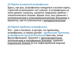 (5) Карта оснований астрофизики
Здесь, как раз, астрофизика находится в основе карты,
«простой астрономии» нет совсем. А астрофизика на
этом уровне, наконец, касается «вершины хребта» –
этиологического Знания. Кроме того, она граничит с
онтологическим и эпистемиологическим Знаниями и,
вероятно, как-то соотносится с методологическим
(6) Карта пределов астрофизики.
Это – уже в космосе, в центре, по-прежнему,
астрофизика, в самом центре - предельная Пустота,
астрофизика пустой Вселенной (как пик, точка
фальсификации). Граничит с трансцендентным,
эстетическим и ноосферным Знанием, задевает
социальное Знание (в его пифагорейской версии)
 
