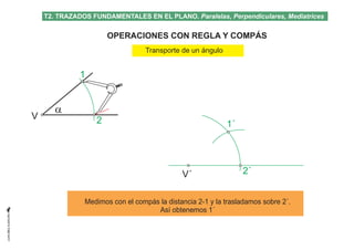 V
1
2
2´
1´

OPERACIONES CON REGLA Y COMPÁS
Transporte de un ángulo
T2. TRAZADOS FUNDAMENTALES EN EL PLANO. Paralelas, Pe...