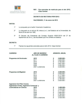 Decreto arancel CC USM 2012