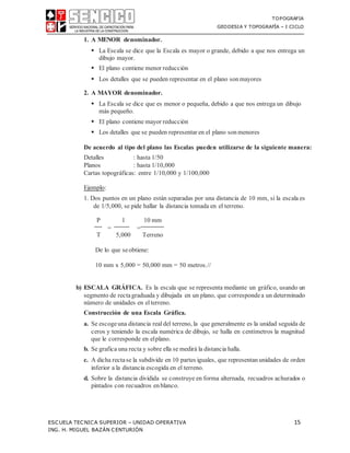 TOPOGRAFIA
GEODESIA Y TOPOGRAFÍA – I CICLO
ESCUELA TECNICA SUPERIOR – UNIDAD OPERATIVA 15
ING. H. MIGUEL BAZÁN CENTURIÓN
1. A MENOR denominador.
 La Escala se dice que la Escala es mayor o grande, debido a que nos entrega un
dibujo mayor.
 El plano contiene menor reducción
 Los detalles que se pueden representar en el plano son mayores
2. A MAYOR denominador.
 La Escala se dice que es menor o pequeña, debido a que nos entrega un dibujo
más pequeño.
 El plano contiene mayor reducción
 Los detalles que se pueden representar en el plano sonmenores
De acuerdo al tipo del plano las Escalas pueden utilizarse de la siguiente manera:
Detalles : hasta 1/50
Planos : hasta 1/10,000
Cartas topográficas: entre 1/10,000 y 1/100,000
Ejemplo:
1. Dos puntos en un plano están separadas por una distancia de 10 mm, si la escala es
de 1/5,000, se pide hallar la distancia tomada en el terreno.
P 1 10 mm
= =
T 5,000 Terreno
De lo que seobtiene:
10 mm x 5,000 = 50,000 mm = 50 metros.//
b) ESCALA GRÁFICA. Es la escala que se representa mediante un gráfico, usando un
segmento de rectagraduada y dibujada en un plano, que correspondea un determinado
número de unidades en el terreno.
Construcción de una Escala Gráfica.
a. Se escogeuna distancia real del terreno, la que generalmente es la unidad seguida de
ceros y teniendo la escala numérica de dibujo, se halla en centímetros la magnitud
que le corresponde en elplano.
b. Se grafica una recta y sobre ella se medirá la distancia halla.
c. A dicha rectase la subdivide en 10 partes iguales, que representanunidades de orden
inferior a la distancia escogida en el terreno.
d. Sobre la distancia dividida se construye en forma alternada, recuadros achurados o
pintados con recuadros enblanco.
 