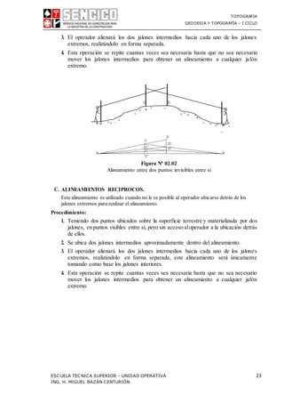 TOPOGRAFIA
GEODESIA Y TOPOGRAFÍA – I CICLO
ESCUELA TECNICA SUPERIOR – UNIDAD OPERATIVA 23
ING. H. MIGUEL BAZÁN CENTURIÓN
3. El operador alienará los dos jalones intermedios hacia cada uno de los jalones
extremos, realizándolo en forma separada.
4. Esta operación se repite cuantas veces sea necesaria hasta que no sea necesario
mover los jalones intermedios para obtener un alineamiento a cualquier jalón
extremo.
C D
A
B
Figura Nº 02.02
Alineamiento entre dos puntos invisibles entre si
C. ALINEAMIENTOS RECIPROCOS.
Este alineamiento es utilizado cuando no le es posible al operador ubicarse detrás de los
jalones extremos para realizar el alineamiento.
Procedimiento:
1. Teniendo dos puntos ubicados sobre la superficie terrestre y materializada por dos
jalones, en puntos visibles entre sí, pero sin acceso aloperador a la ubicación detrás
de ellos.
2. Se ubica dos jalones intermedios aproximadamente dentro del alineamiento.
3. El operador alienará los dos jalones intermedios hacia cada uno de los jalones
extremos, realizándolo en forma separada, este alineamiento será únicamente
tomando como base los jalones interiores.
4. Esta operación se repite cuantas veces sea necesaria hasta que no sea necesario
mover los jalones intermedios para obtener un alineamiento a cualquier jalón
extremo.
 