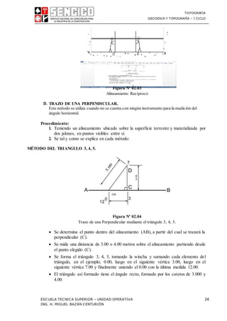 TOPOGRAFIA
GEODESIA Y TOPOGRAFÍA – I CICLO
ESCUELA TECNICA SUPERIOR – UNIDAD OPERATIVA 24
ING. H. MIGUEL BAZÁN CENTURIÓN
C
A
C D B
Figura Nº 02.03
Alineamiento Recíproco
D. TRAZO DE UNA PERPENDICULAR.
Este método se utiliza cuando no se cuenta con ningún instrumento para la medición del
ángulo horizontal.
Procedimiento:
1. Teniendo un alineamiento ubicado sobre la superficie terrestre y materializada por
dos jalones, en puntos visibles entre sí.
2. Se tal y como se explica en cada método:
MÉTODO DEL TRIANGULO 3, 4, 5.
A B
3.00
12
0 3
Figura Nº 02.04
Trazo de una Perpendicular mediante el triángulo 3, 4, 5.
 Se determina el punto dentro del alineamiento (AB), a partir del cual se trazará la
perpendicular (C).
 Se mide una distancia de 3.00 o 4.00 metros sobre el alineamiento partiendo desde
el punto elegido (C).
 Se forma el triángulo 3, 4, 5, tomando la wincha y sumando cada elemento del
triángulo, en el ejemplo; 0.00, luego en el siguiente vértice 3.00, luego en el
siguiente vértice 7.00 y finalmente uniendo el 0.00 con la última medida 12.00.
 El triángulo así formado tiene el ángulo recto, formado por los catetos de 3.000 y
4.00.
4.00
 