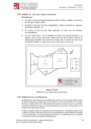TOPOGRAFIA
GEODESIA Y TOPOGRAFÍA – I CICLO
ESCUELA TECNICA SUPERIOR – UNIDAD OPERATIVA 29
ING. H. MIGUEL BAZÁN CENTURIÓN
A =
b x h
A =
b x h
LEYENDA
A =
(B + b) h
A =
b x h
Ing° . MIGUELBAZÁN CENTURION
02
l a fensade
Límite de
Propiedad
Línea de
Áreas
Norte
Magnético
5.02. Medición de Áreas por Figuras Geometrías.
Procedimiento
1. Se coloca una hoja de papel transparente sobre el mapa y se dibuja el perímetro
de área que se quiere medir.
2. Se divide el área por secciones adaptándolas a figuras geométricas: trapecios,
cuadrados, triángulos etc.
3. Se calcula el área de cada lugar aplicando en cada caso las formulas
correspondientes.
4. El Área Total viene a ser la sumatoria de todas estas Áreas Parciales, y en
algunos casos se tiene que restar o quitar áreas que por la figura usada se ha
sobrepasado del límite de la parcela a medir; para el cálculo de estas áreas
remanentes también se aplica tal y como se hizo para el área total.
4 2
5
3
A = b x h
A = b x h
Figura Nº 02.10
Medida de Áreas usando figuras geométricas
5.03. Medición de Área con Planímetro.
El planímetroes uninstrumentoqueseutiliza para medir áreas sobremapas oplanos consta
de un brazo trazador, ajustable, que está en relación con la escala del plano. Un extremo
del brazo se halla unido al otro. Denominado brazo polar. Un extremo posee una mirilla o
un punzón trazador con el que se recorre el perímetro del área que se desea medir, en el
sentido de las manecillas del reloj.
Cuando se emplea la tabla de constantes que trae elplanímetro, se graduada elBrazo Polar
y elBrazo Trazador colocandoenla posicióncorrespondientes, segúnlatabla deconstantes
y a la escala del plano. Se recorre elperímetro delárea y se realiza la lectura en la pantalla
o recuadro de valores de medición del planímetro,
 