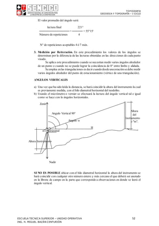 TOPOGRAFIA
GEODESIA Y TOPOGRAFÍA – I CICLO
ESCUELA TECNICA SUPERIOR – UNIDAD OPERATIVA 52
ING. H. MIGUEL BAZÁN CENTURIÓN
El valor promedio del ángulo será:
lectura final 221
──────────────= ───── = 5515'
Número de repeticiones 4
N de repeticiones aceptables 4 ó 7 máx.
3. Medición por Reiteración. En este procedimiento los valores de los ángulos se
determinan por la diferencia de las lecturas obtenidas en las direcciones de cada punto
visado.
Se aplica este procedimiento cuando se necesitan medir varios ángulos alrededor
de un punto o cuando no se puede lograr la coincidencia de 0 entre limbo y alidada.
Seemplea enlas triangulaciones es decir cuandodesdeunaestaciónsedebe medir
varios ángulos alrededor del punto de estacionamiento (vértice de una triangulación).
ANGULOS VERTICALES
a) Una vez que ha sido leída la distancia, se hará coincidir la altura del instrumento la cual
es previamente medida, con el hilo diametral horizontal del teodolito.
b) Usando el micrómetro o vernier se efectuará la lectura del ángulo vertical tal e igual
como se hace con lo ángulos horizontales.
Zenit
Angulo Vertical 90°
Angulo 

H
Horizontal
Altura
del
Instrumento
o "m".
Altura Instrumento
Nadir
SI NO ES POSIBLE ubicar con el hilo diametral horizontal la altura del instrumento se
hará coincidir con cualquier otro número entero y más cercano el que deberá ser anotado
en la libreta de campo en la parte que corresponde a observaciones en donde se leerá el
ángulo vertical.
 