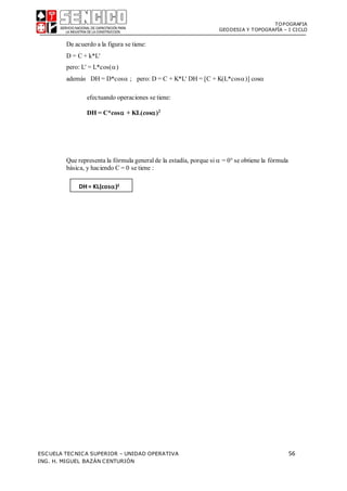 TOPOGRAFIA
GEODESIA Y TOPOGRAFÍA – I CICLO
ESCUELA TECNICA SUPERIOR – UNIDAD OPERATIVA 56
ING. H. MIGUEL BAZÁN CENTURIÓN
De acuerdo a la figura se tiene:
D = C + k*L'
pero: L' = L*cos()
además DH = D*cos ; pero: D = C + K*L' DH = [C + K(L*cos)] cos

efectuando operaciones se tiene:
DH = C*cos + KL(cos)2
Que representa la fórmula generalde la estadía, porque si  = 0 se obtiene la fórmula
básica, y haciendo C = 0 se tiene :
DH = KL(cos)2
 