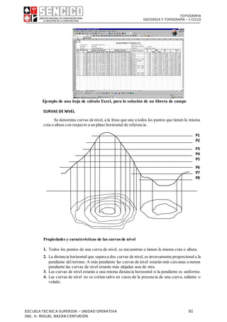 TOPOGRAFIA
GEODESIA Y TOPOGRAFÍA – I CICLO
ESCUELA TECNICA SUPERIOR – UNIDAD OPERATIVA 61
ING. H. MIGUEL BAZÁN CENTURIÓN
Ejemplo de una hoja de cálculo Excel, para lo solución de un libreta de campo
CURVAS DE NIVEL
Se denomina curvas de nivel, a la línea que une a todos los puntos que tienen la misma
cota o altura con respecto a un plano horizontal de referencia.
Propiedades y características de las curvas de nivel
1. Todos los puntos de una curva de nivel, se encuentran o tienen la misma cota o altura.
2. La distancia horizontal que separa a dos curvas de nivel, es inversamente proporcionala la
pendiente del terreno. A más pendiente las curvas de nivel estarán más cercanas a menos
pendiente las curvas de nivel estarán más alejadas una de otra.
3. Las curvas de nivel estarán a una misma distancia horizontal si la pendiente es uniforme.
4. Las curvas de nivel no se cortan salvo en casos de la presencia de una cueva, saliente o
volado.
P1
P2
P3
P4
P5
P6
P7
P8
 