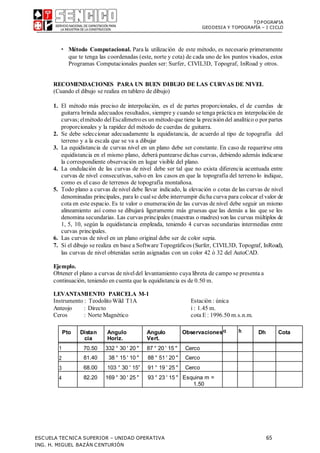TOPOGRAFIA
GEODESIA Y TOPOGRAFÍA – I CICLO
ESCUELA TECNICA SUPERIOR – UNIDAD OPERATIVA 65
ING. H. MIGUEL BAZÁN CENTURIÓN
 Método Computacional. Para la utilización de este método, es necesario primeramente
que te tenga las coordenadas (este, norte y cota) de cada uno de los puntos visados, estos
Programas Computacionales pueden ser: Surfer, CIVIL3D, Topograf, InRoad y otros.
RECOMENDACIONES PARA UN BUEN DIBUJO DE LAS CURVAS DE NIVEL
(Cuando el dibujo se realiza en tablero de dibujo)
1. El método más preciso de interpolación, es el de partes proporcionales, el de cuerdas de
guitarra brinda adecuados resultados, siempre y cuando se tenga práctica en interpolación de
curvas; elmétodo delEscalímetroes un métodoque tiene la precisióndel analítico o por partes
proporcionales y la rapidez del método de cuerdas de guitarra.
2. Se debe seleccionar adecuadamente la equidistancia, de acuerdo al tipo de topografía del
terreno y a la escala que se va a dibujar
3. La equidistancia de curvas nivel en un plano debe ser constante. En caso de requerirse otra
equidistancia en el mismo plano, deberá puntearse dichas curvas, debiendo además indicarse
la correspondiente observación en lugar visible del plano.
4. La ondulación de las curvas de nivel debe ser tal que no exista diferencia acentuada entre
curvas de nivel consecutivas, salvo en los casos en que la topografía del terreno lo indique,
como es el caso de terrenos de topografía montañosa.
5. Todo plano a curvas de nivel debe llevar indicado, la elevación o cotas de las curvas de nivel
denominadas principales, para lo cualse debe interrumpir dicha curva para colocar elvalor de
cota en este espacio. Es te valor o enumeración de las curvas de nivel debe seguir un mismo
alineamiento así como se dibujará ligeramente más gruesas que las demás a las que se les
denomina secundarias. Las curvas principales (maestras o madres) son las curvas múltiplos de
1, 5, 10, según la equidistancia empleada, teniendo 4 curvas secundarias intermedias entre
curvas principales.
6. Las curvas de nivel en un plano original debe ser de color sepia.
7. Si el dibujo se realiza en base a Software Topográficos (Surfer, CIVIL3D, Topograf, InRoad),
las curvas de nivel obtenidas serán asignadas con un color 42 ó 32 del AutoCAD.
Ejemplo.
Obtener el plano a curvas de niveldel levantamiento cuya libreta de campo se presenta a
continuación, teniendo en cuenta que la equidistancia es de 0.50 m.
LEVANTAMIENTO PARCELA M-1
Instrumento : Teodolito Wild T1A Estación : única
Anteojo : Directo i : 1.45 m.
Ceros : Norte Magnético cota E : 1996.50 m.s.n.m.
Pto Distan
cia
Angulo
Horiz.
Angulo
Vert.
Observaciones h Dh Cota
1 70.50 332 ° 30 ' 20 " 87 ° 20 ' 15 " Cerco
2 81.40 38 ° 15 ' 10 " 88 ° 51 ' 20 " Cerco
3 68.00 103 ° 30 ' 15” 91 ° 19 ' 25 " Cerco
4 82.20 169 ° 30 ' 25 " 93 ° 23 ' 15 " Esquina m =
1.50
 