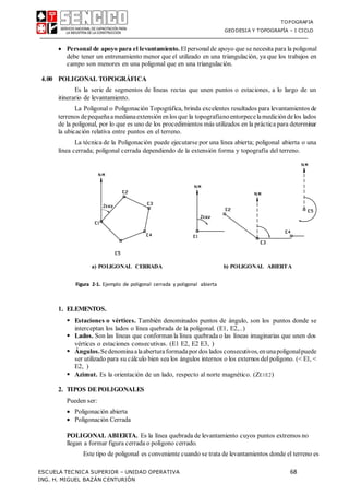 TOPOGRAFIA
GEODESIA Y TOPOGRAFÍA – I CICLO
ESCUELA TECNICA SUPERIOR – UNIDAD OPERATIVA 68
ING. H. MIGUEL BAZÁN CENTURIÓN
 Personal de apoyo para el levantamiento. El personal de apoyo que se necesita para la poligonal
debe tener un entrenamiento menor que el utilizado en una triangulación, ya que los trabajos en
campo son menores en una poligonal que en una triangulación.
4.00 POLIGONAL TOPOGRÁFICA
Es la serie de segmentos de líneas rectas que unen puntos o estaciones, a lo largo de un
itinerario de levantamiento.
La Poligonal o Poligonación Topográfica, brinda excelentes resultados para levantamientos de
terrenos depequeñaamedianaextensión enlos que la topografíanoentorpecelamedicióndelos lados
de la poligonal, por lo que es uno de los procedimientos más utilizados en la práctica para determinar
la ubicación relativa entre puntos en el terreno.
La técnica de la Poligonación puede ejecutarse por una línea abierta; poligonal abierta o una
línea cerrada; poligonal cerrada dependiendo de la extensión forma y topografía del terreno.
a) POLIGONAL CERRADA b) POLIGONAL ABIERTA
Figura 2-1. Ejemplo de poligonal cerrada y poligonal abierta
1. ELEMENTOS.
 Estaciones o vértices. También denominados puntos de ángulo, son los puntos donde se
interceptan los lados o línea quebrada de la poligonal. (E1, E2,..)
 Lados. Son las líneas que conforman la línea quebrada o las líneas imaginarias que unen dos
vértices o estaciones consecutivas. (E1 E2, E2 E3, )
 Ángulos.Sedenominaalaaberturaformadapor dos lados consecutivos,enunapoligonalpuede
ser utilizado para su cálculo bien sea los ángulos internos o los externos del polígono. (< E1, <
E2, )
 Azimut. Es la orientación de un lado, respecto al norte magnético. (ZE1E2)
2. TIPOS DEPOLIGONALES
Pueden ser:
 Poligonación abierta
 Poligonación Cerrada
POLIGONAL ABIERTA. Es la línea quebrada de levantamiento cuyos puntos extremos no
llegan a formar figura cerrada o polígono cerrado.
Este tipo de poligonal es conveniente cuando se trata de levantamientos donde el terreno es
 