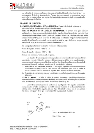 TOPOGRAFIA
GEODESIA Y TOPOGRAFÍA – I CICLO
ESCUELA TECNICA SUPERIOR – UNIDAD OPERATIVA 70
ING. H. MIGUEL BAZÁN CENTURIÓN
cerrado a fin de obtener una buena referencia de la altitud de cada estación o vértice y por
consiguiente de todo el levantamiento. Aunque en casos cuando no se requiere mayor
precisión, se puede realizar una nivelación taquimétrica, aunque arrojaría errores elevados
acumulados de nivelación.
TRABAJO DE GABINETE:
1. CÁLCULO DE UNA POLIGONAL CERRADA. Para elcálculo de la poligonal es
necesario indicar algunos conocimientosfundamentales:
PARA EL CÁLCULO DE LOS ÁNGULOS COMPENSADOS. El primer paso para calcular
poligonaleses el de compensacióno ajuste de los ángulos al total geométrico correcto. Pero
se presenta una excepción, quees cuando los rumbos o azimutsde cada lado, han sido leídos
directamente conbrújula en cada uno de estos lados, en este caso ninguna compensaciónes
posible. En poligonalescerradas la compensaciónangular se logra fácilmenteya que se puede
determinar el error total aunque no su distribuciónexacta.
En toda poligonal cerrada los ángulos promedios deben cumplir:
Suma de ángulos internos = 180 (n - 2)
Suma de ángulos externos = 180 (n + 2)
Siendo n el número de vértices de la poligonal.
Los ángulos de una poligonal cerrada pueden ser compensados simplemente al total
geométrico correcto ( ángulos internos ó  ángulos externos), Siel error angular de cierre
es menor que el máximo permisible, de acuerdo al tipo de poligonal que se está usando, la
compensación puede realizarse usando uno de los siguientes métodos:
1. Aplicación de una corrección promedio a cada ángulo, suponiendo que hubo las mismas
condiciones de observación en cada una de las estaciones, para esto se divide la
corrección total entre el número de ángulos. Este método es el más empleado.
2. Aplicación de correcciones mayores a los ángulos en los hubo condiciones de observación
diferente.
PARA EL AZIMUT. Se mide el azimut de un lado, que viene a ser el ángulo horizontal
medido en sentido horario, tomandocomo base la orientación del Norte Magnético, hasta el
lado de referencia. El valor del azimut puede variar entre 0 y 360.
Conocido el azimut de uno de los lados de la poligonal y los ángulos horizontales
compensados de todos los vértices, es posible calcular el azimut de los lados restantes por
simple suma o resta de los ángulos. En esta etapa del cálculo se hace uso de los Azimuts
Inversos, esto quiere decir que si se tiene el ZE1E2, se calcula el ZE2E1.
N.M.
ZE2E1
ZE2E1 = Azimut Inverso de ZE1E2
ZE2E1 = ZE1E2 + 180°
E1
N.M. ZE1E2
E2
180°
ZE1E2
 